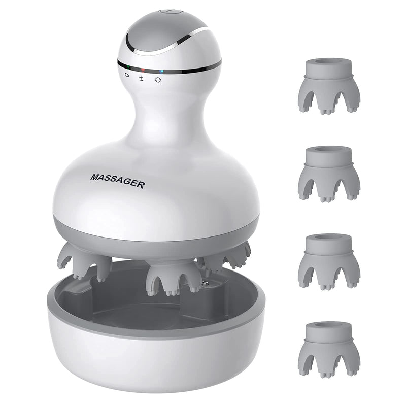 [Australia] - Electric Scalp Head Massager with 4 Removable Heads Attachments for Stimulating Hair Growth, Deep Clean & Stress Release, Waterproof Portable Massager for Head Neck Body 