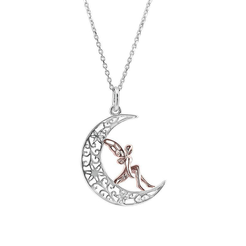 [Australia] - Kiara Jewellery 925 Sterling Silver Rhodium Plated Fairy Sitting On Half Moon Pendant Necklace With 18 Karat Gold Plated Fairy Detail On 18" Italian Diamond Cut Trace Or Curb Chain. 