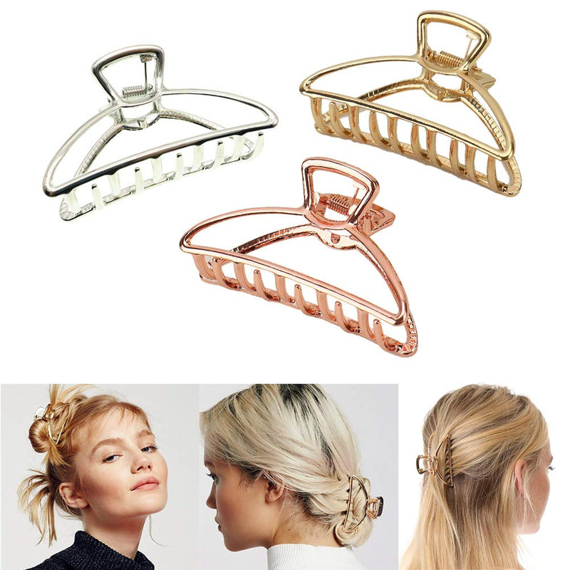 [Australia] - VinBee 3 Pack Large Metal Claw Clips Hollow Non-slip Hair Catch Barrette Jaw Clamp Hairpins for Fixing Hair (Silver + Gold + Rose Gold) Pattern 1 