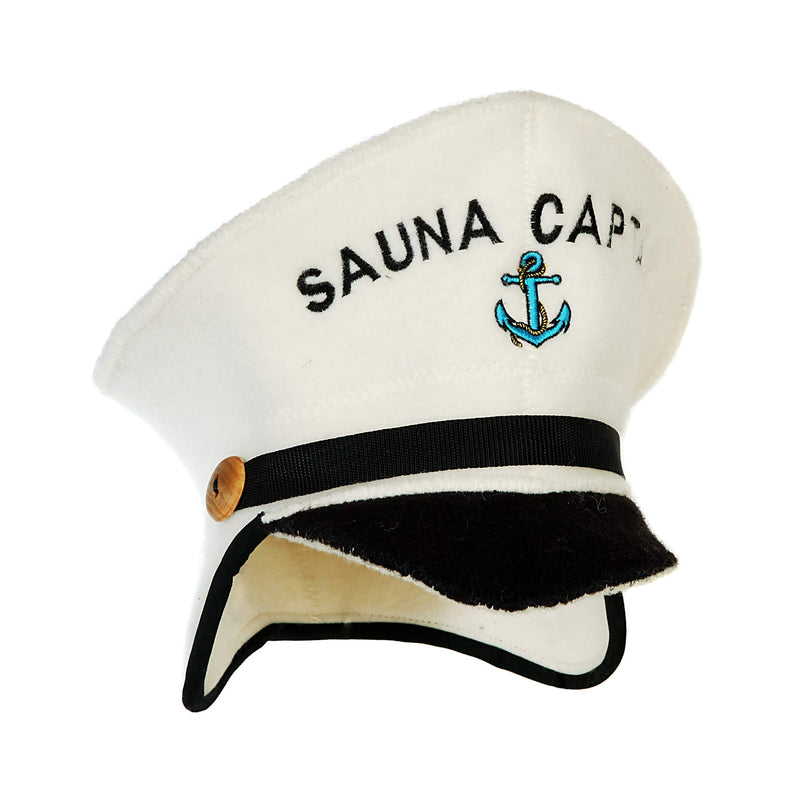 [Australia] - Natural Textile Sauna Hat 'Sauna Captain' White - 100% Organic Wool Felt Hats for Russian Banya - Protect Your Head from Heat - English Sauna eBook Guide Included - with Embroidery 