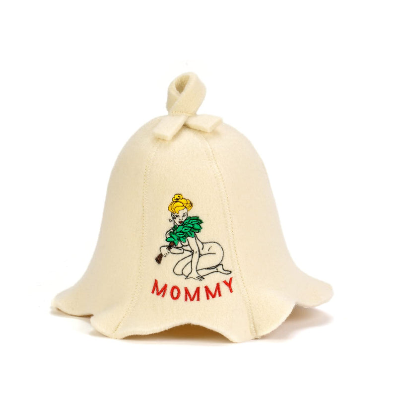 [Australia] - Natural Textile Sauna Hat 'Sauna Mommy' White - 100% Organic Wool Felt Hats for Russian Banya - Protect Your Head from Heat - English Sauna eBook Guide Included - with Embroidery 