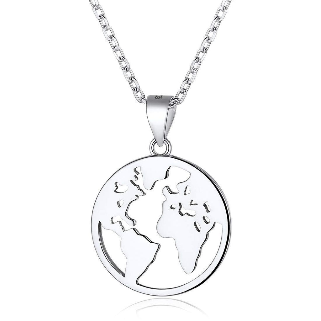 [Australia] - Womens Coin Necklace UK Queen Elizabeth/Crescent Moon/Statue of Liberty/Map Medallion Pendant with Rolo Chain 925 Sterling Silver/Gold Plated Fashion Jewelry(with Gift Box) 08-silver World Map 
