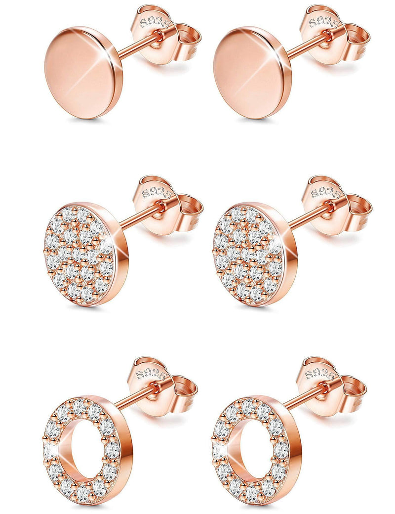 [Australia] - Sllaiss 3 Pairs Sterling Silver Round Stud Earrings Set for Women Girls CZ Pave Earrings TIny Dot Round Disc Stud Earrings Hypoallergenic B:rose Gold Tone 