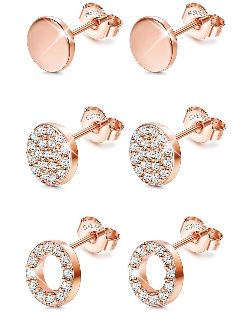 [Australia] - Sllaiss 3 Pairs Sterling Silver Round Stud Earrings Set for Women Girls CZ Pave Earrings TIny Dot Round Disc Stud Earrings Hypoallergenic B:rose Gold Tone 