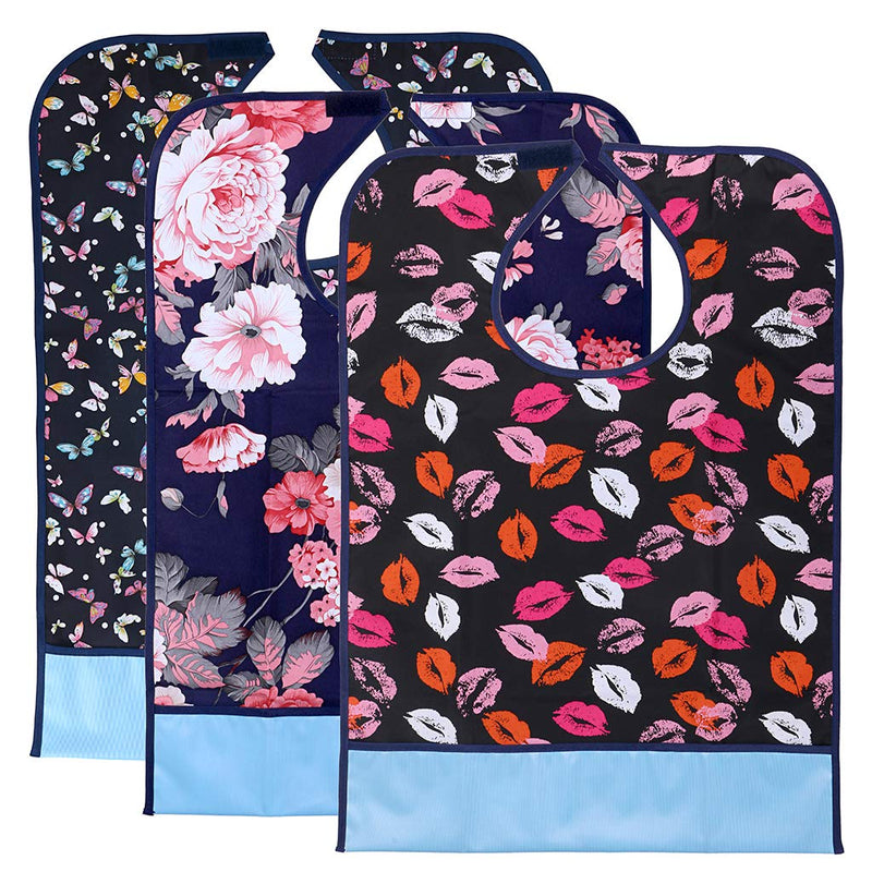[Australia] - BTSKY 3Pcs Waterproof Reusable Adult Bibs - Washable Mealtime Protector Bib Clothing Protector with Crumb Catcher (Flower+Lip+Butterfly) Flower+Lip+Butterfly 