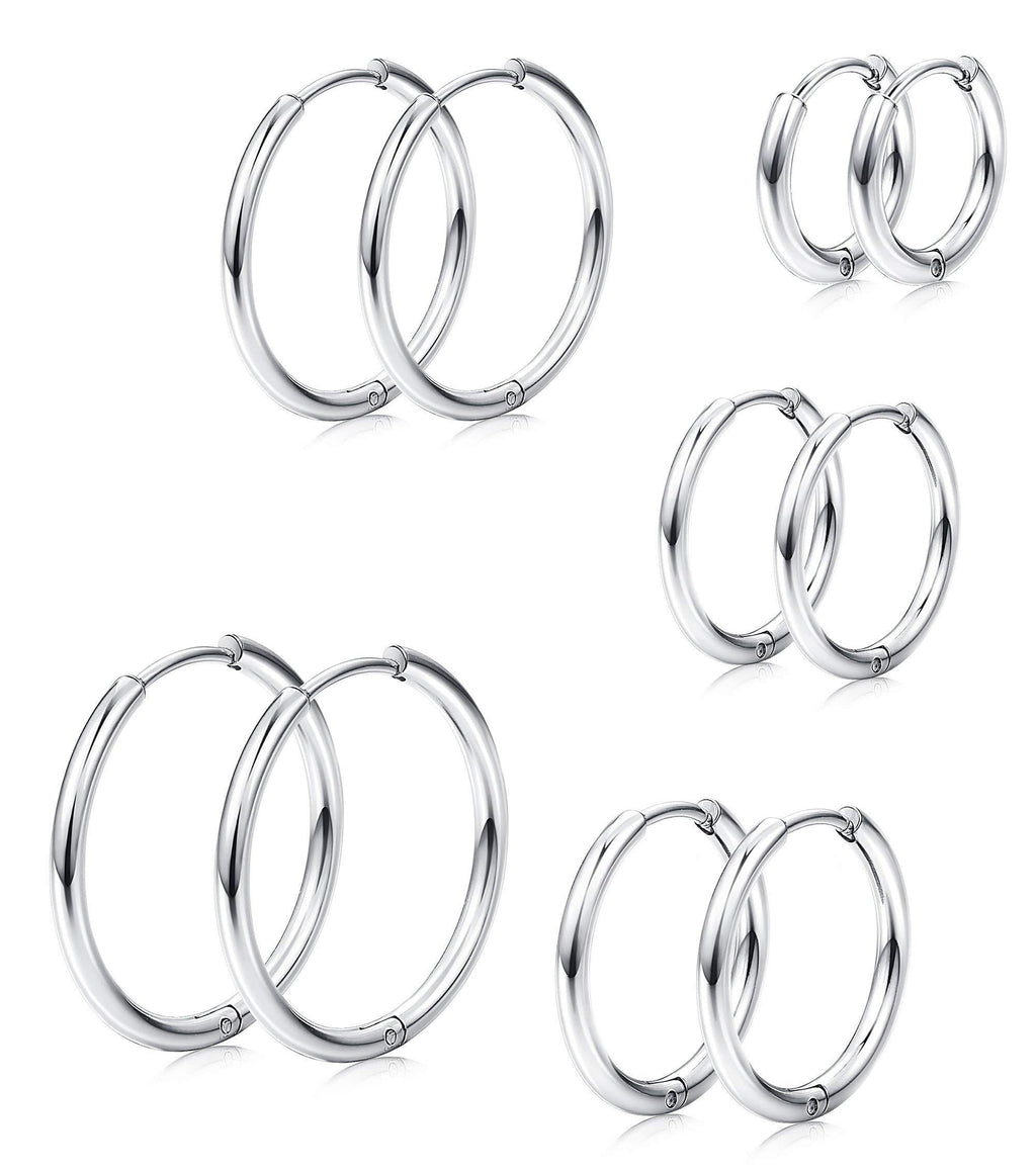 [Australia] - Milacolato 5Pairs Stainless Steel Basic Endless Hoop Earrings for Mens Womens Cartilage Piercing Nose Tongue Body Ring 8-16mm A:5 Pairs Silver tone 