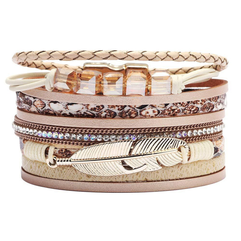 [Australia] - Wrap Multilayer Bracelets for Women - Leather Wristband Strand - Boho Bangle Gift Ideas for Teen Girls Beige Feathers 