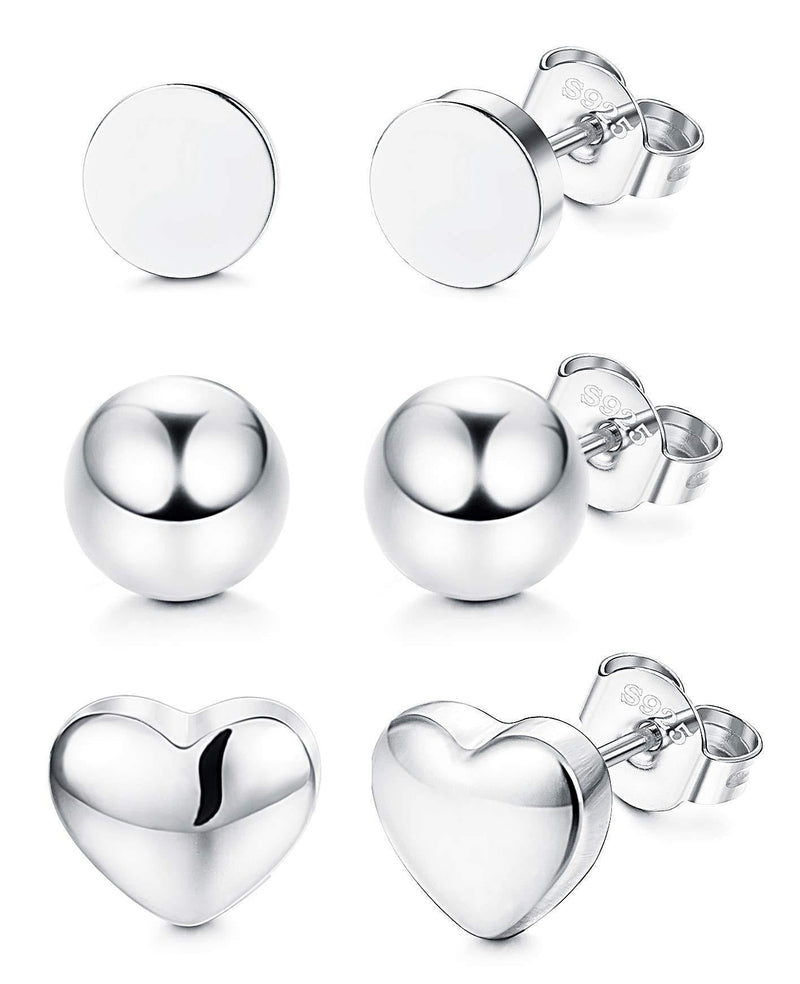 [Australia] - Sllaiss 3 Pairs 925 Sterling Silver Stud Earrings Set for Women Dot Round Ball Stud Earrings Heart Stud Earrings Simple Earrings Minimalist 