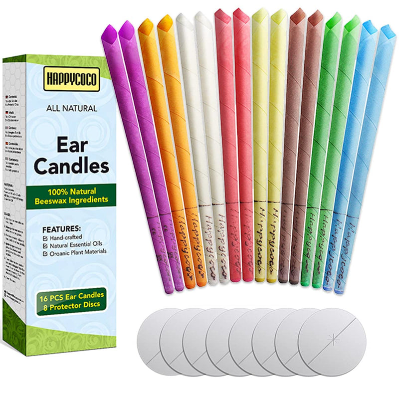 [Australia] - Happycoco All Natural Ear Candles Beeswax Candling Cones - 16 Pcs (8 Colours), 100% Non-Toxic Cylinders Fragrance Hollow Cone Candles with 8 Protective Disks Classic -8 Colors 16 Pcs 