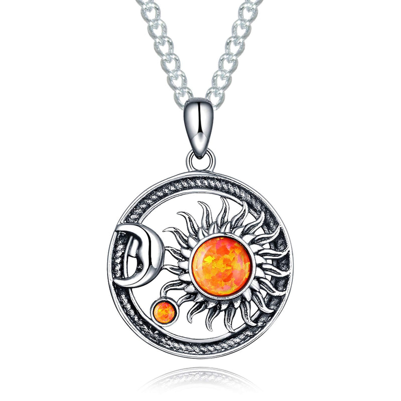 [Australia] - TRENSYGO 925 Sterling Silver Fire Opal Sun Satr Crescent Moon Pendant Necklace for Women and Girls Celestial Jewelry for Mothers Day Christmas Birthday Gifts Opal Sun Moon Necklace 