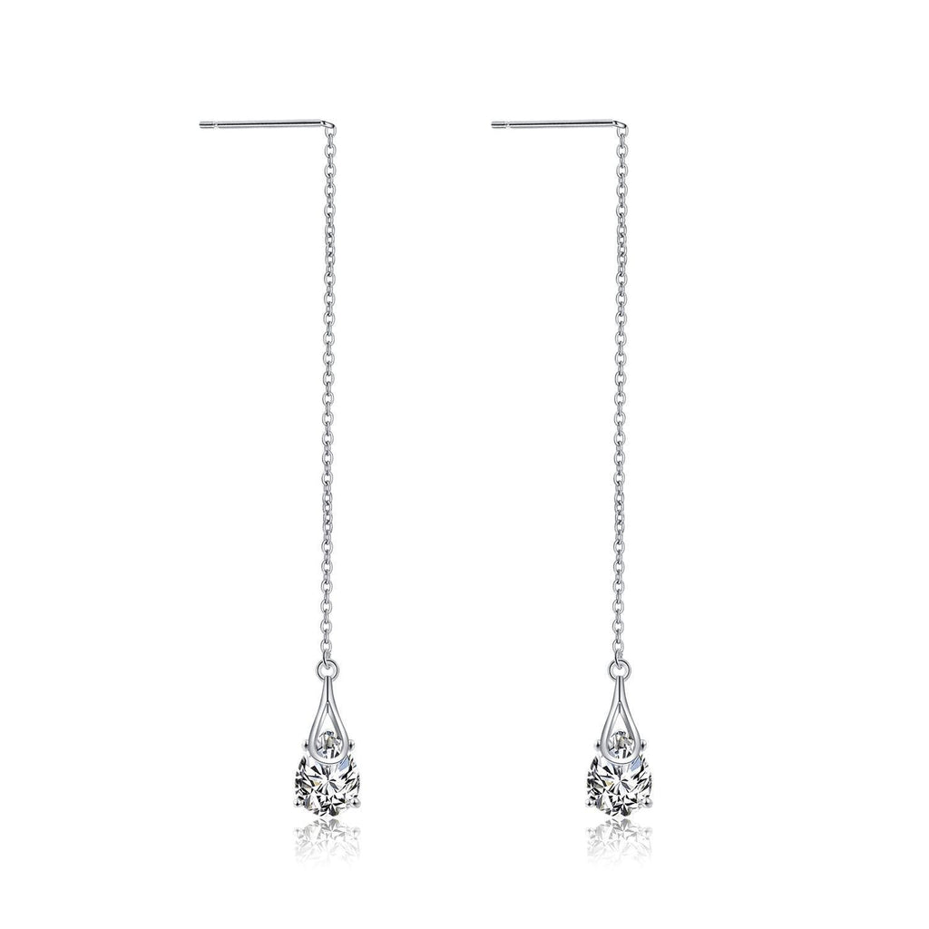 [Australia] - Threader Earrings Sterling Silver Teardrop Drop Pull Through Threader Earrings with Cubic Zirconia 