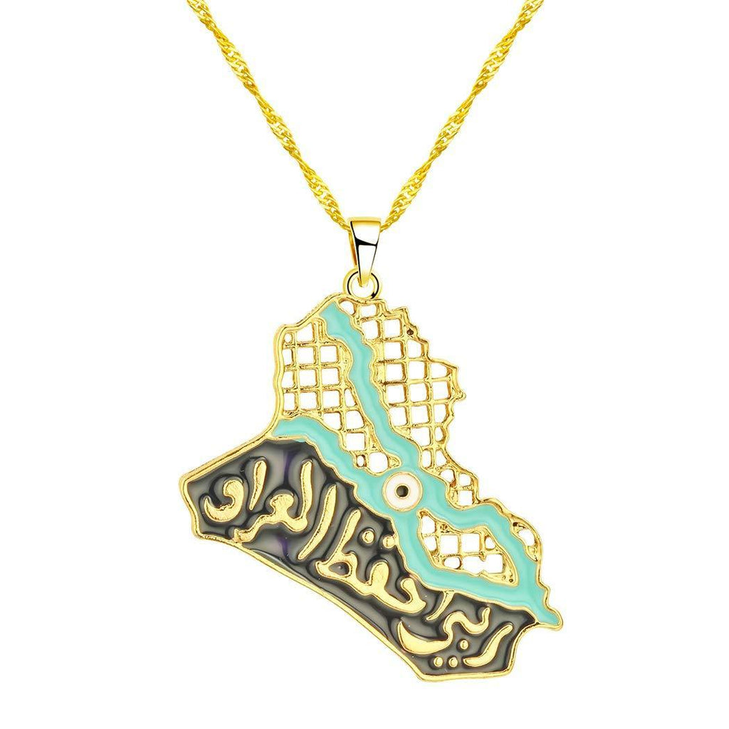 [Australia] - Chandler Iraq Map Pendant Necklaces for Women&Men Muslim Iraqi Jewelry Blue Eye Gold Color Allah Necklace 