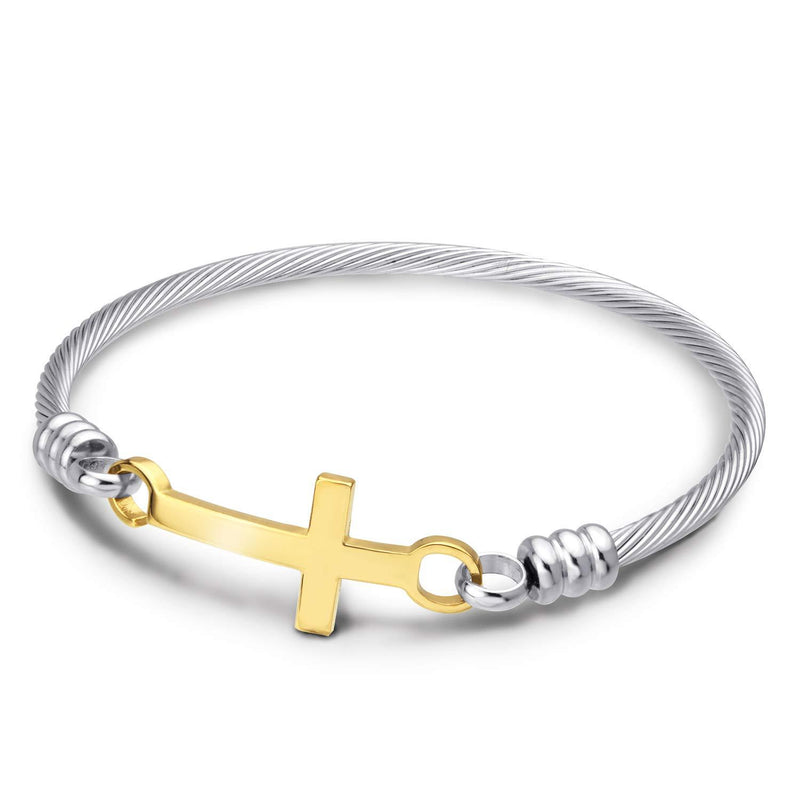 [Australia] - 555Jewelry Stainless Steel Metal Religious Cross Clasp Bangle Bracelet Silver & Yellow Gold 65.0 Millimetres 