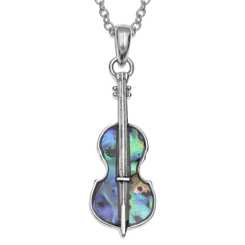 [Australia] - Kiara Jewellery Violin Pendant Necklace Inlaid With Natural Greenish Blue Paua Abalone Shell on 18" Trace Chain. Non Tarnish Silver Colour Rhodium plated. 