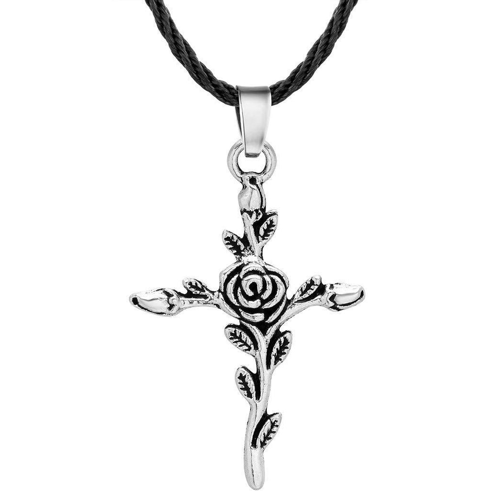 [Australia] - Viking Antique Silver Rose Cross Necklace Women Men Jesus Christ Christian Jewelry Gifts Flower Leave Vintage Religious Jewelry 