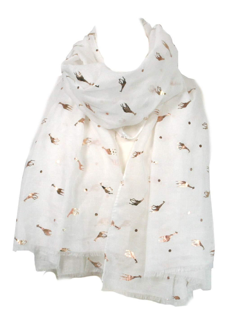 [Australia] - LilyRosa® Grey Giraffe Print Scarf, Ladies White Rose Gold Foil Animal Shawl Wrap 