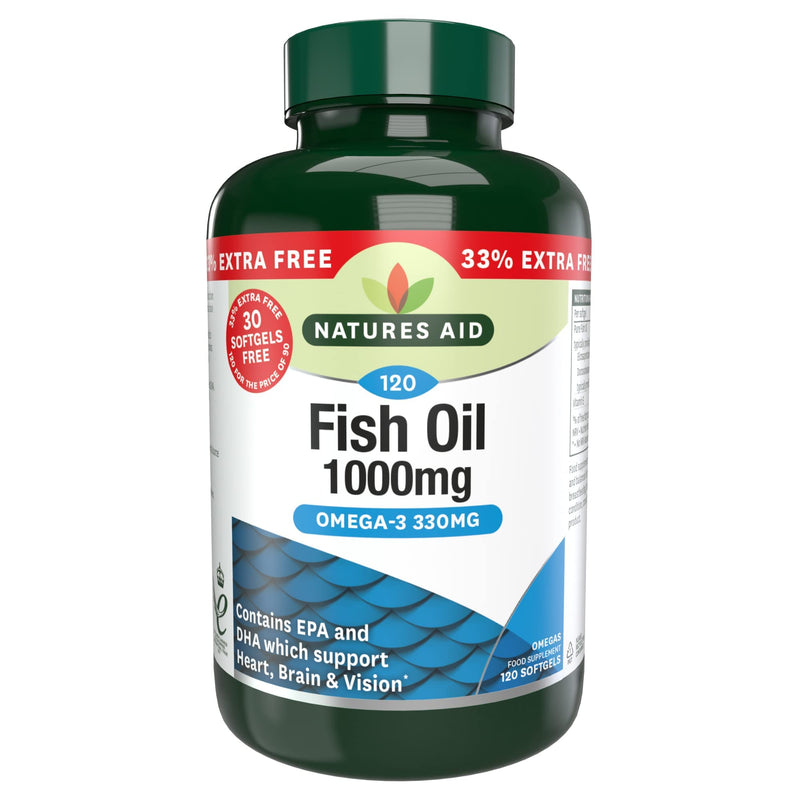 [Australia] - Natures Aid Fish Oil 1000mg | Omega 3 (180mg Epa & 120mg Dha) | Made In The UK, 120 Softgels for The Price of 90, 120 Capsules 