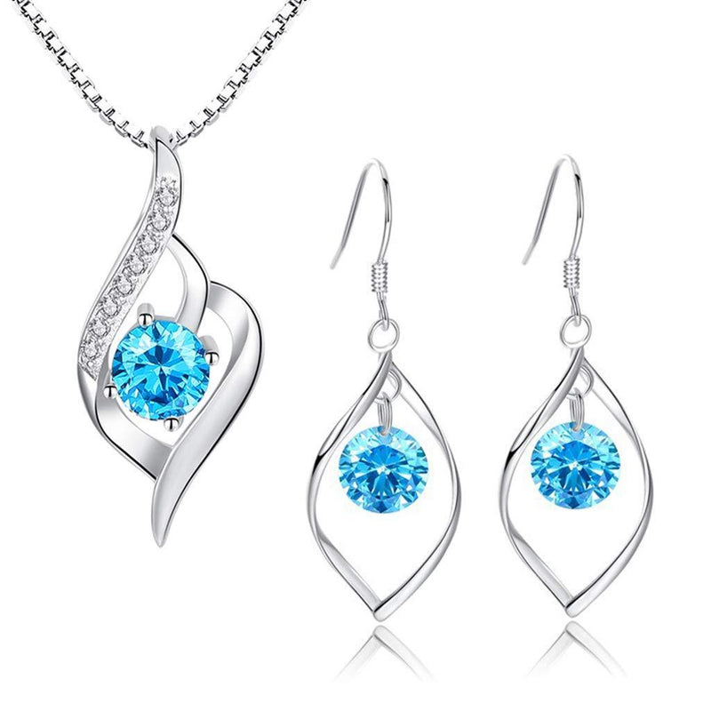 [Australia] - Hanie Jewellery Set For Women, Silver Blue Angel Wing pendant Necklace & Twist Drop Dangle Earring Set, 925 Sterling Silver Hypoallergenic Shiny Zircon Jewellry Set for Ladies in Party & Concert 