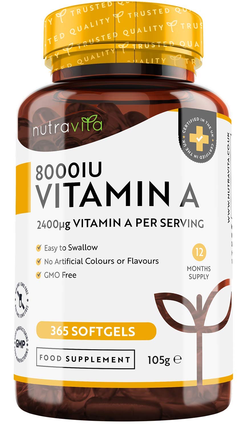 [Australia] - Vitamin A 8,000IU – 365 Softgels – Vitamin A Supplement for Normal Skin, Eyes & Immune System – No Soybean or Fish Liver Oil – 2400μg Vitamin A Capsules not Tablets – Made in The UK by Nutravita 