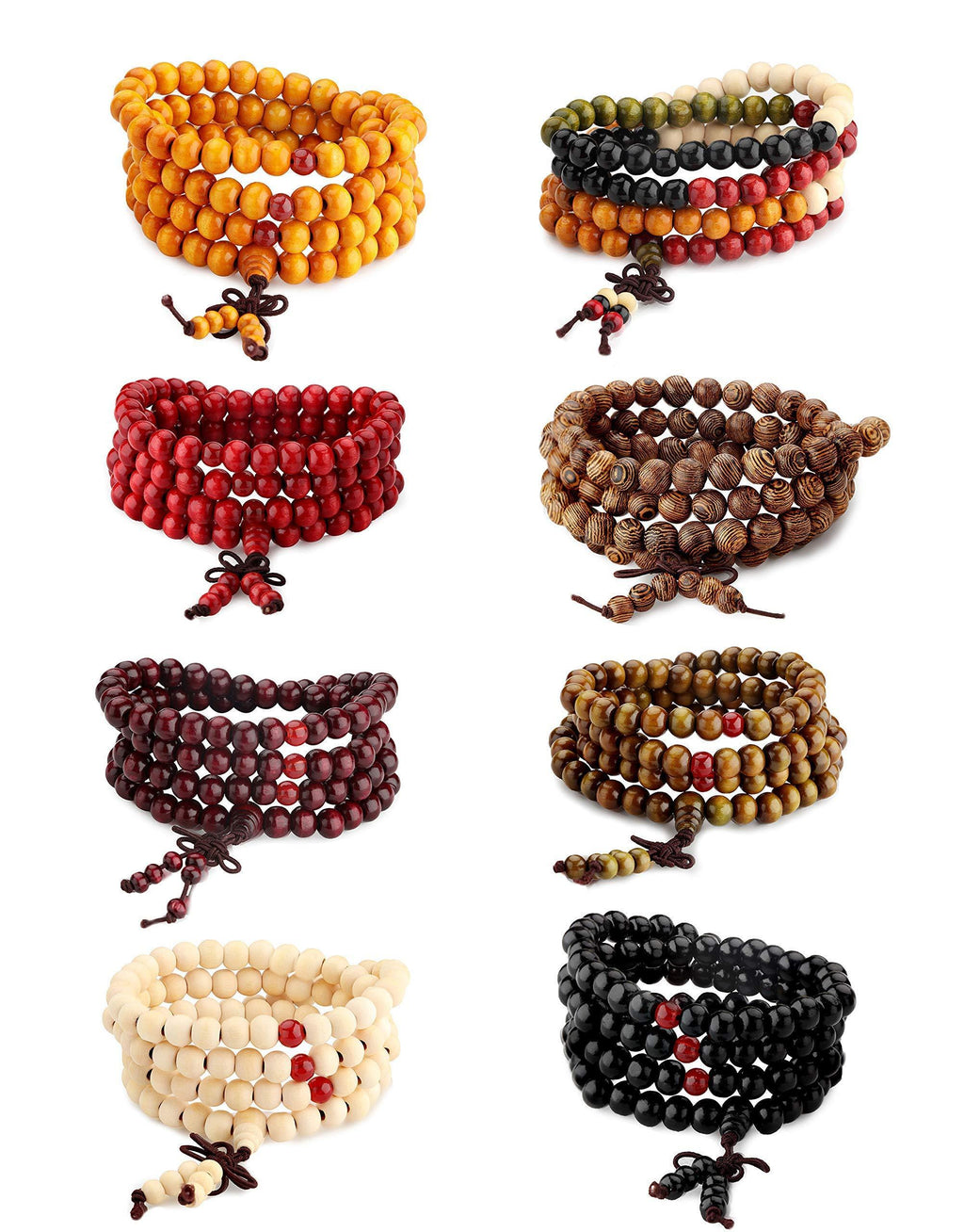 [Australia] - MILACOLATO Wood Bracelet 108 Mala Bead Bracelets Buddhist Strand Wood Prayer Beads Sandalwood Link Wrist Necklace Chain for Men Women Chinese Knot 8pcs style A: 8pcs mala bead bracelets 