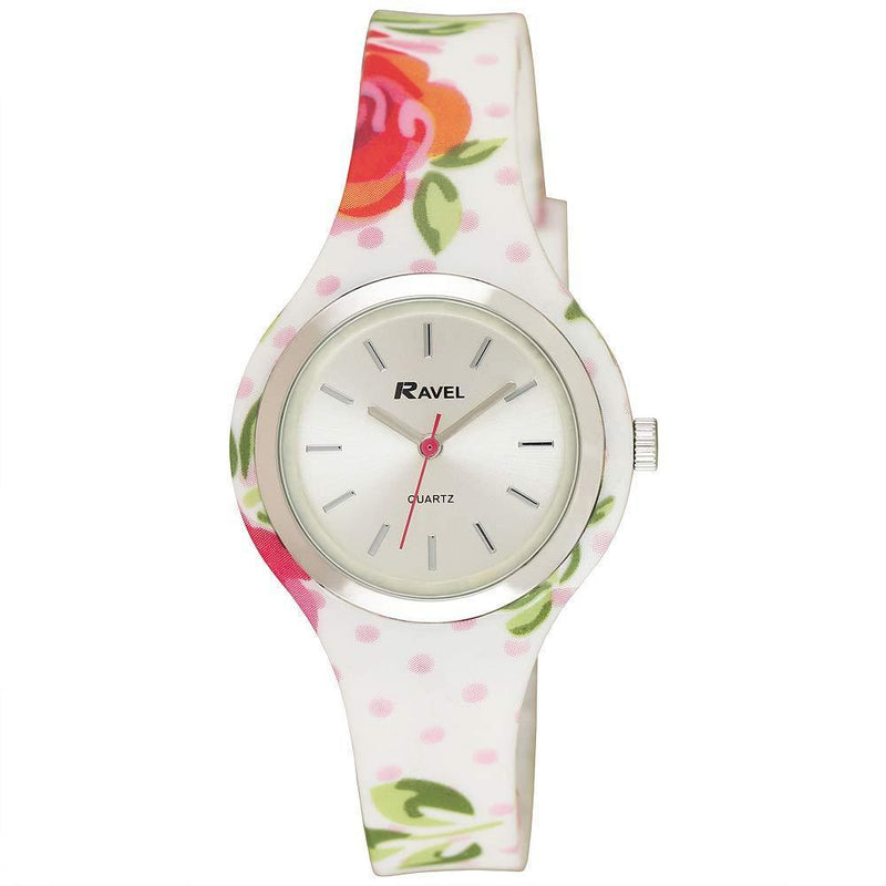 [Australia] - Ravel Women's Floral Quartz Watch with Patterned Silicone Strap - White/Rose 