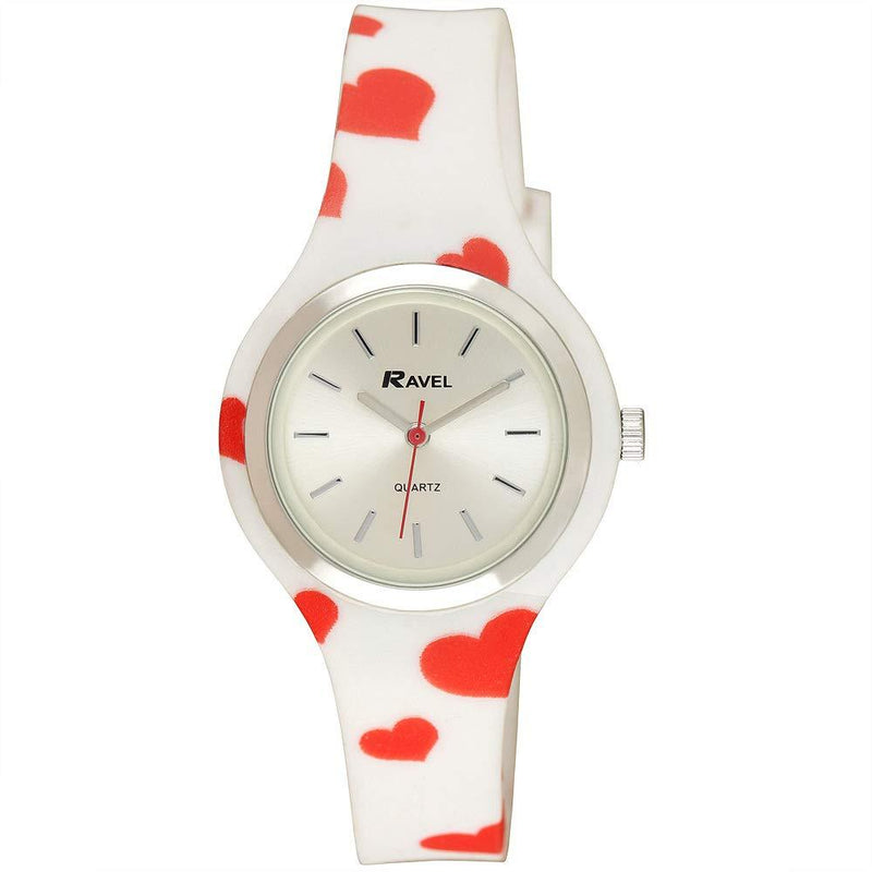 [Australia] - Ravel Women's Heart Quartz Watch with Patterned Silicone Strap - White/Red Hearts 