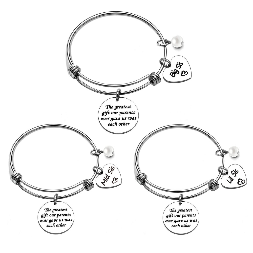 [Australia] - KENYG Adjustable Silver Bracelet Bangle For Big Sis Middle Sis Little Sis 3 PCS Set 