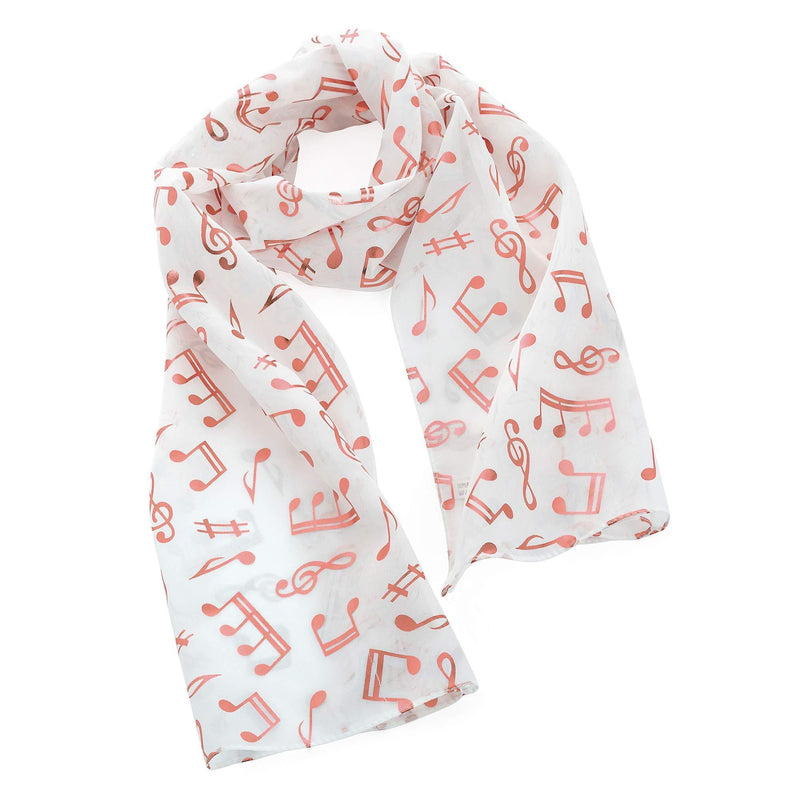 [Australia] - Ladies White Voile Style Fashion Scarf With Rose Gold Foil Music Notes 