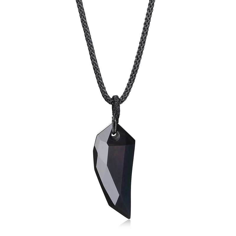 [Australia] - coai Amulet Faceted Black Obsidian Stone Wolf Tooth Pendant Necklace Adjustable Nylon Cord 
