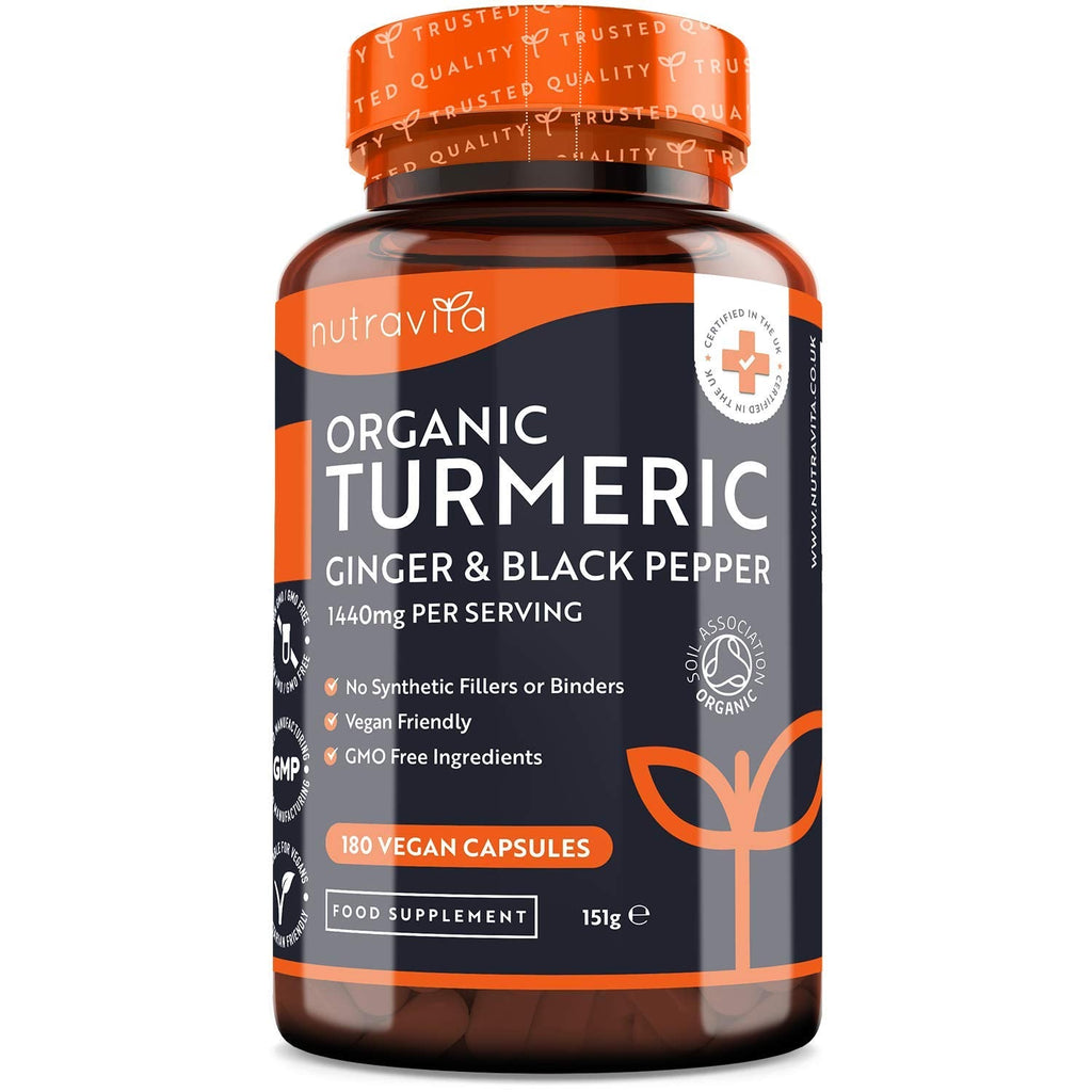 [Australia] - Organic Turmeric 1440mg (High Strength) with Black Pepper & Ginger - 180 Vegan Turmeric Capsules (3 Month Supply) – Organic Turmeric with Active Ingredient Curcumin - Made in The UK by Nutravita 