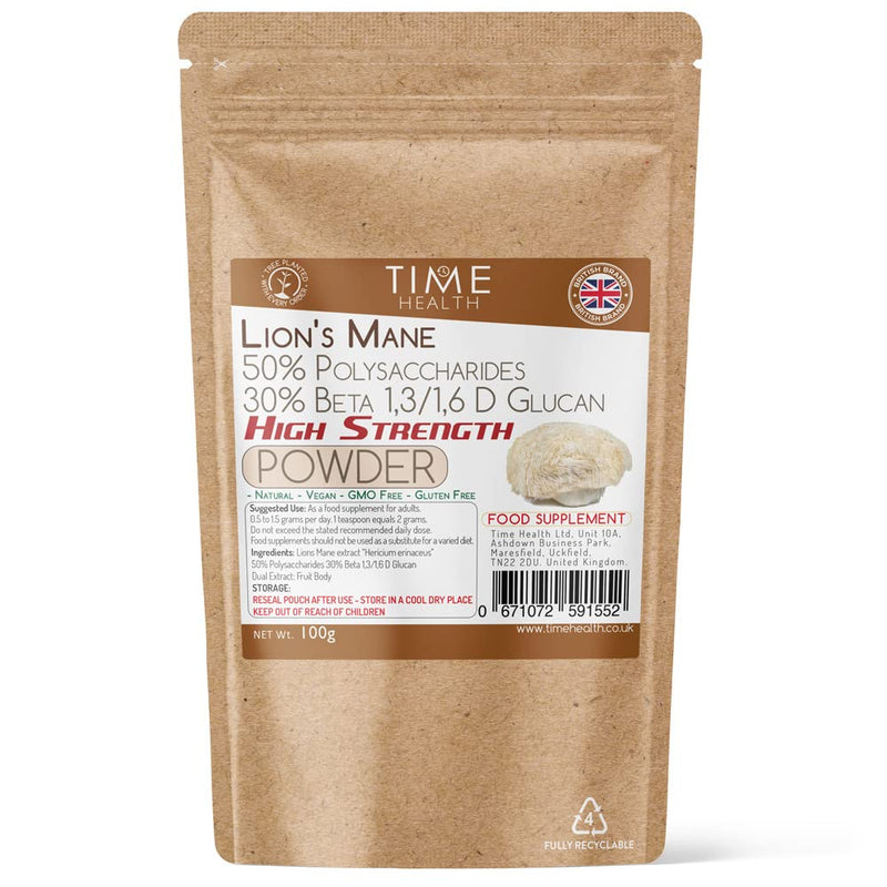 [Australia] - Lions Mane Powder - High Strength Dual Extract - 50% Polysaccharides / 30% Beta 1,3/1,6 D Glucan - 3rd Party Tested (100g Powder Pouch) 100 g (Pack of 1) 