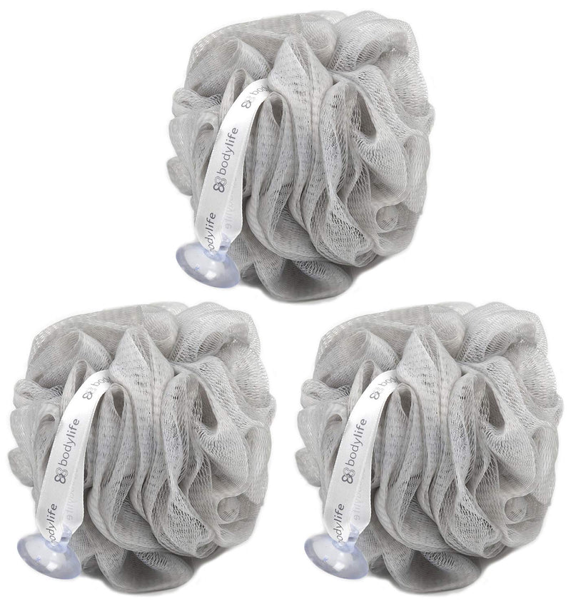 [Australia] - Bodylife Body Buffer, Puff, Exfoliating Bath & Shower Body Pouf, Scrunchie, Body Scrubber Grey & White 55g Triple Pack 