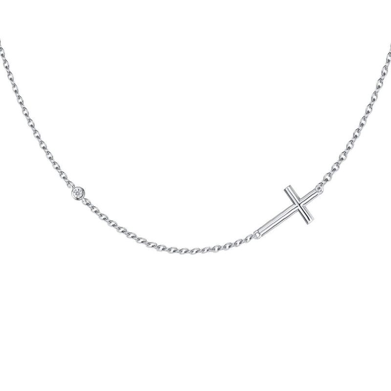 [Australia] - FANCIME 925 Sterling Silver CZ Cubic Zirconia Sideways Cross Pendant Necklace Fine Jewellery for Women Girls - Chain Length: 16 + 2 Inch 