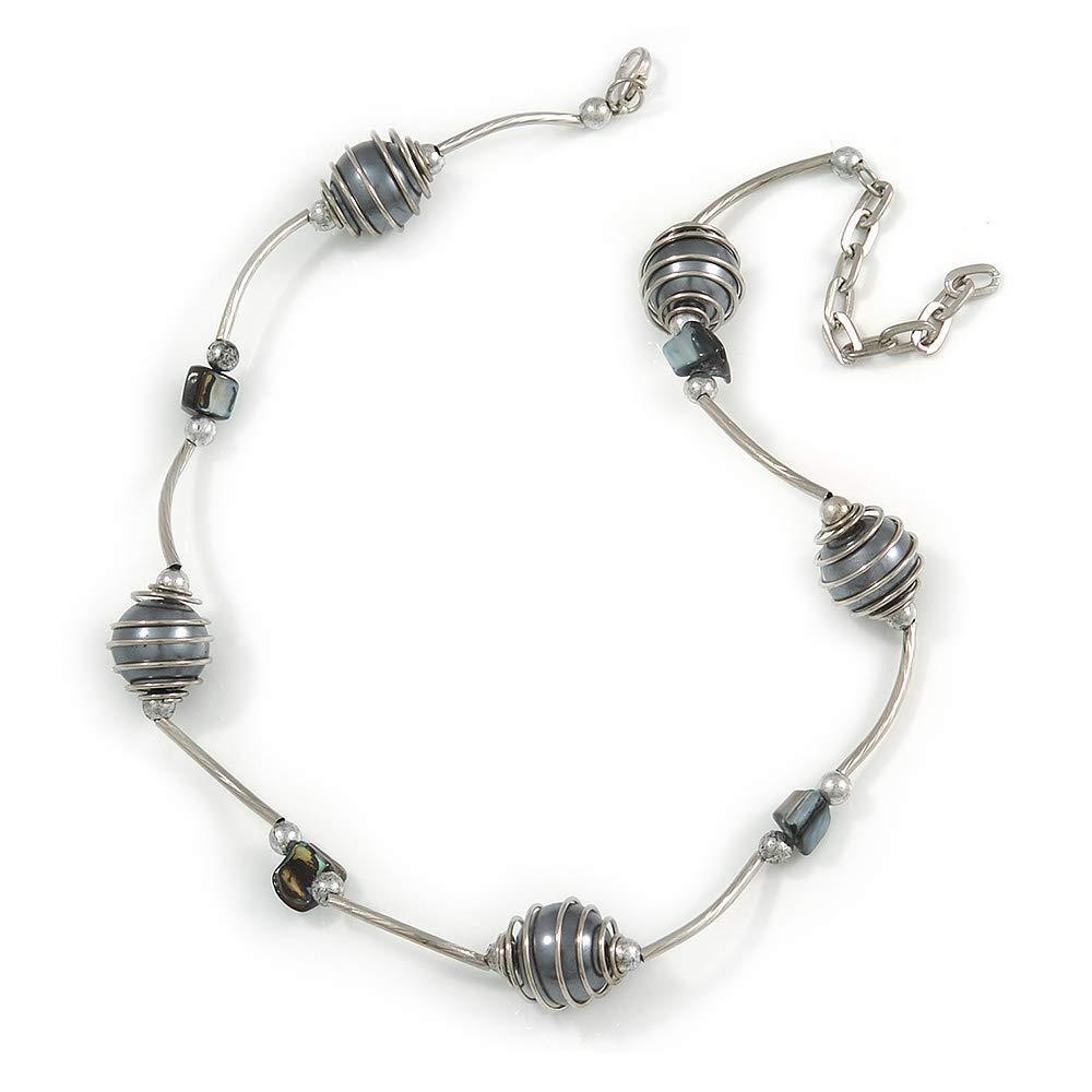 [Australia] - Avalaya Stylish Grey Glass/Shell Bead and Textured Metal Bar Necklace in Silver Tone - 40cm L/ 5cm Ext 