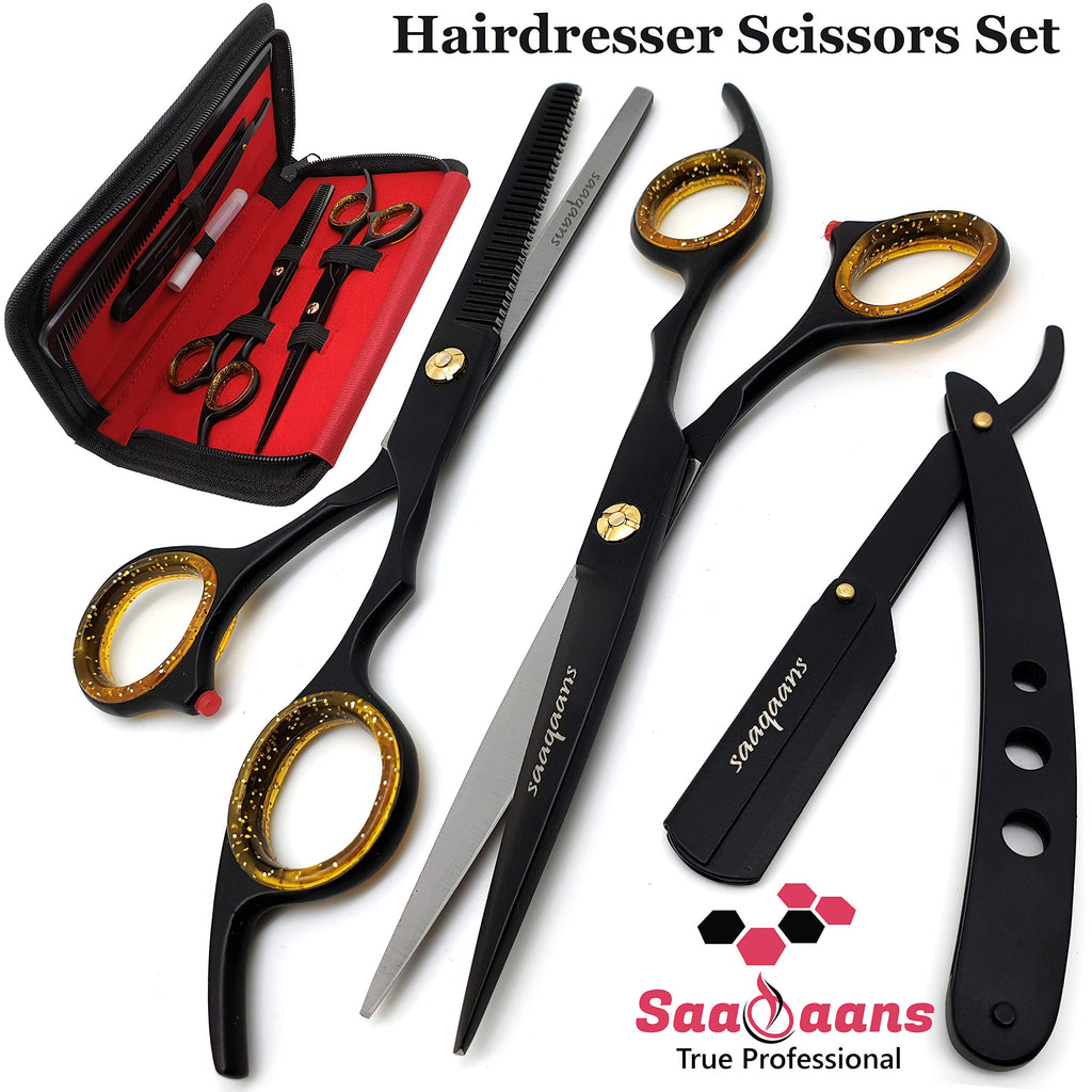 [Australia] - Saaqaans UMS-01 Professional Haircut Scissors Set - Package includes 1 x Hairdresser Scissor + 1 x Thinning Shear + 1 x Straight Edge Razor + 1 x Hair Comb with a Beautiful Scissors Case (Black UK) Black 