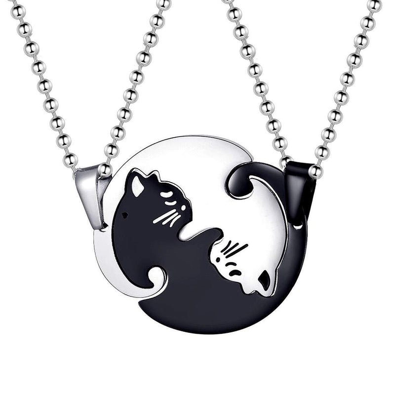 [Australia] - Uloveido A Pair of Titanium Cute Cat Puzzle Matching Necklaces Set Couples Stainless Steel Animal Necklace Valentine's Gift for Boy and Girl SN156 Black 