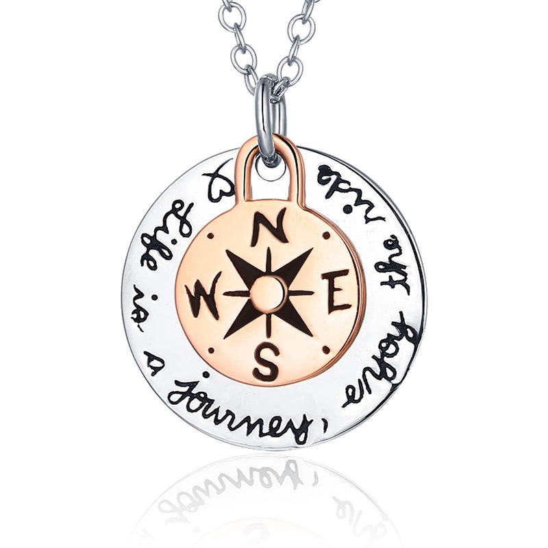 [Australia] - Trensygo Womens Life Is A Journey Enjoy The Ride 14K Rose Gold Plated 316L Stainless Steel Bff Best Friend Friendship Large Compass Pendant Necklace Set , 18"+ 2" 