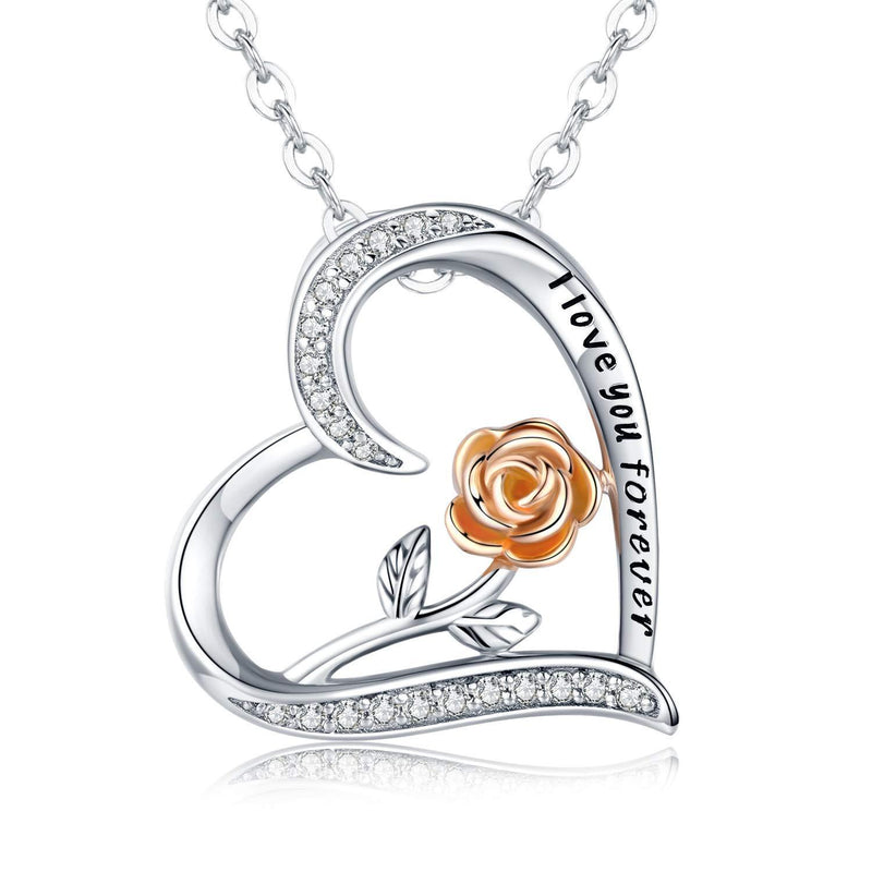 [Australia] - Rose Necklace, Gifts for Mum 925 Sterling Silver I LOVE YOU FOREVER/I Love You to the Moon Love Heart Pendant Birthday Gift for Women Wife Girlfriend Mom Mother Daughter B-rose 