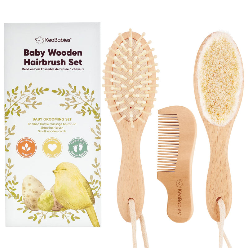 [Australia] - Baby Hair Brush and Baby Comb Set - Wooden Baby Brush with Soft Goat Bristle - Toddler Hair Brush Baby Brush and Comb Set - Baby Brush Set for Newborns - Infant Hair Brush, Cradle Cap (Oval, Walnut) 