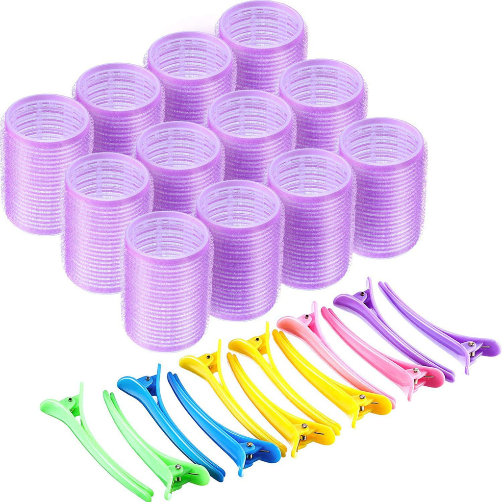 [Australia] - 44 mm Self Grip Hair Rollers Set 12 Count large Self Holding Rollers and 12 Multicolor Plastic Duck Teeth Bows hair Clips Hairdressing Curlers for Women, Men and Kids (44 mm, 24 Pieces) 
