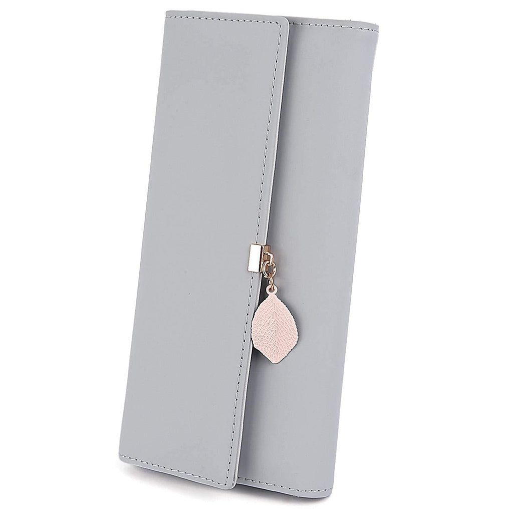 [Australia] - UTO Women Phone Purses Ladies Long Wallet Leaf Pendant Zipper Coin Pocket Multi Card Slots PU Leather Grey New Version 