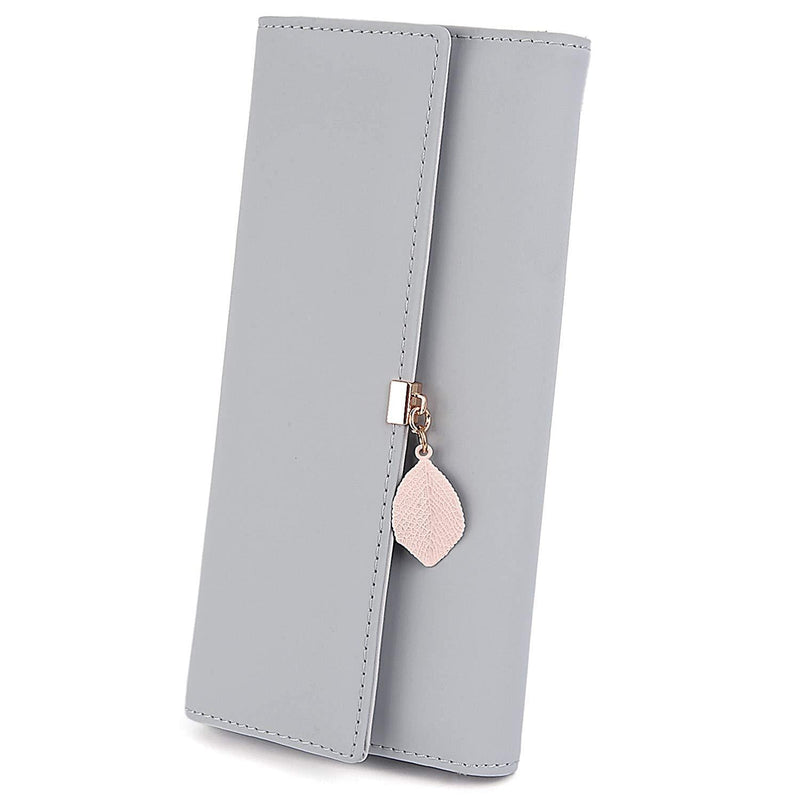 [Australia] - UTO Women Phone Purses Ladies Long Wallet Leaf Pendant Zipper Coin Pocket Multi Card Slots PU Leather Grey New Version 