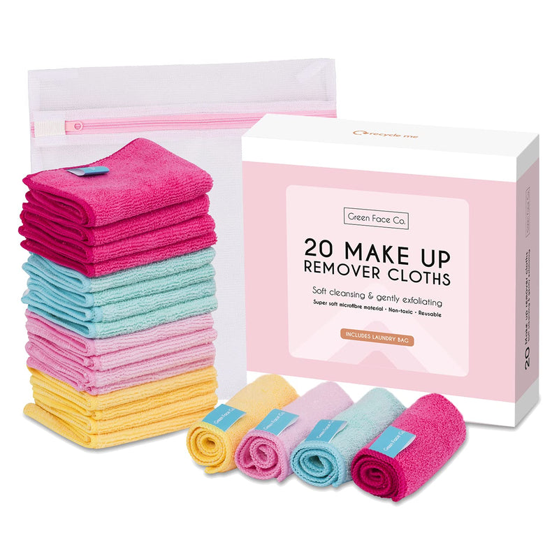 [Australia] - 20 x Microfibre Makeup Remover Wipes with Laundry Bag by Green Face Co | Reusable Soft Facial Cloths for Beauty Routine | Great Make Up Removing Towel or Cleansing Cloth 