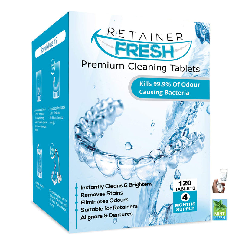 [Australia] - Retainer Cleaning Tablets - 120 Tablets 4 Months Supply Retainer Fresh, Brite, and Stain-Free - Retainer Cleaner Tablet, Invisalign, Mouth Guard, Dentures, Aligners 120 Count (Pack of 1) 