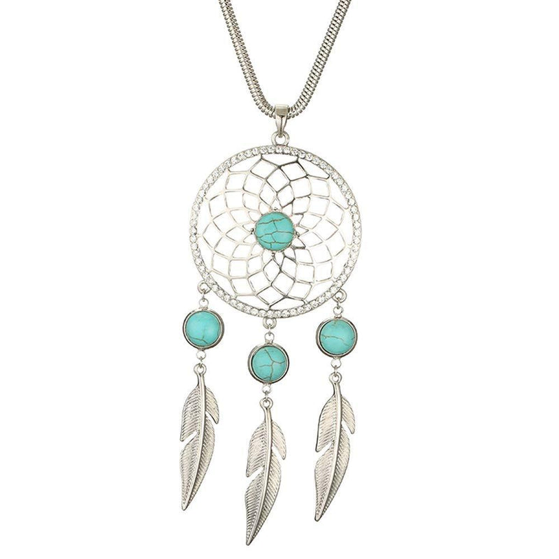 [Australia] - Ouran Dream Catcher Necklace for Women,Charm Pendant Necklace for Girls Rose Gold Silver Long Chain Necklace with Crystal and Turquoise Silver Plated 