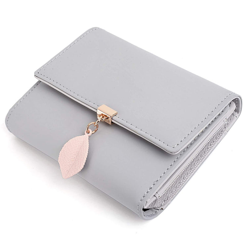 [Australia] - UTO Ladies Card Purse Small Wallets for Women Leaf Pendant 5 Slots 1 Photo Window Zipper Coin Pocket PU Leather Grey New Version 