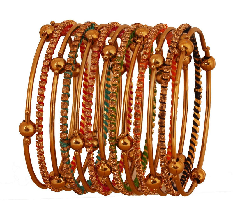 [Australia] - Touchstone New Colorful Bangles Collection Indian Bollywood Enchanting Multicolor Faux Silk Thread Yellow Rhinestone Designer Jewelry Bangle Bracelets. Set of 13. in Antique Gold Tone for Women. 2.25 Inches 