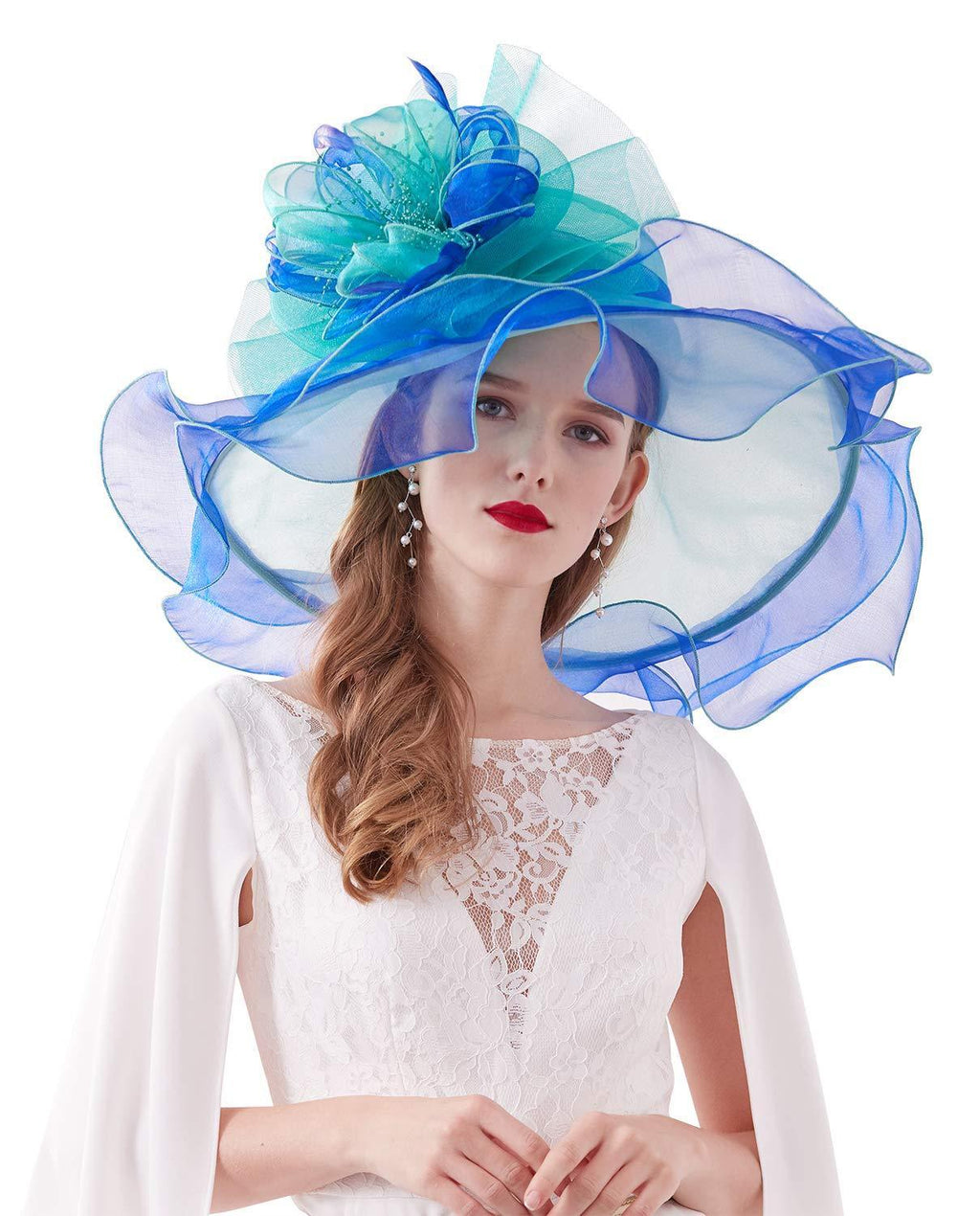 [Australia] - Z&X Women's Organza Fascinators Kentucky Derby Hat Wide Brim Bridal Wedding Caps #B Green and Blue 