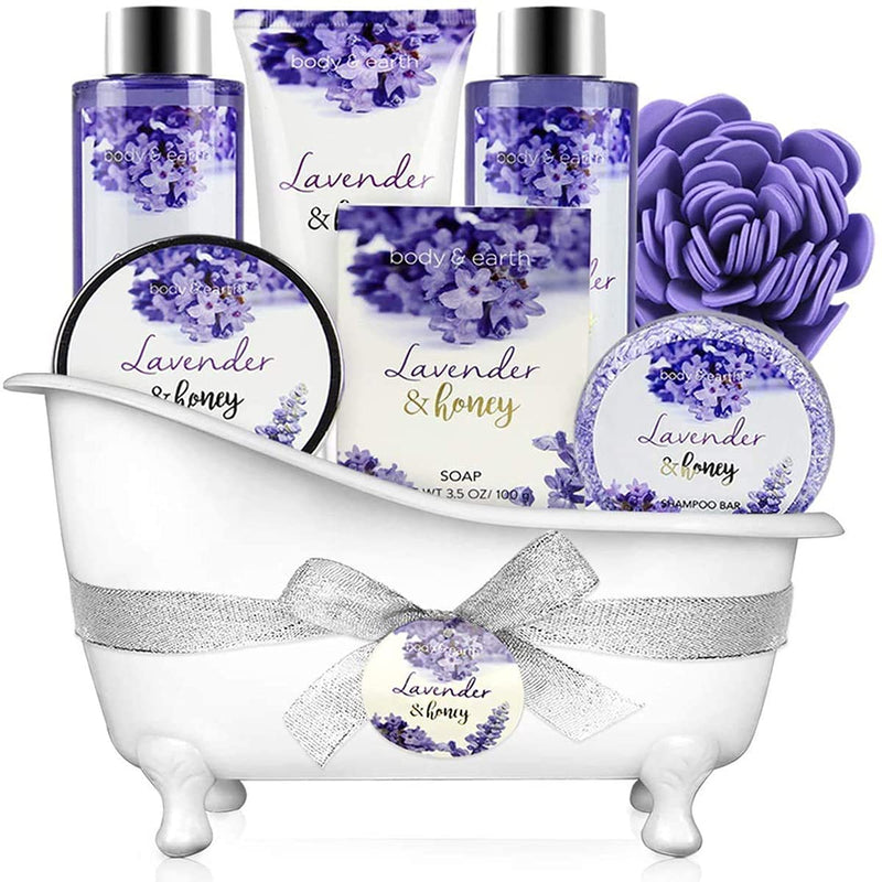 [Australia] - BODY & EARTH Bath and Body Gift Set - 8 Pcs Spa Gift Sets with Lavender & Honey Scent, Includes Shower Gel, Bubble Bath, Shampoo Bar and More, Bath Sets for Women Gifts, Xmas, Birthday Gifts for Her 