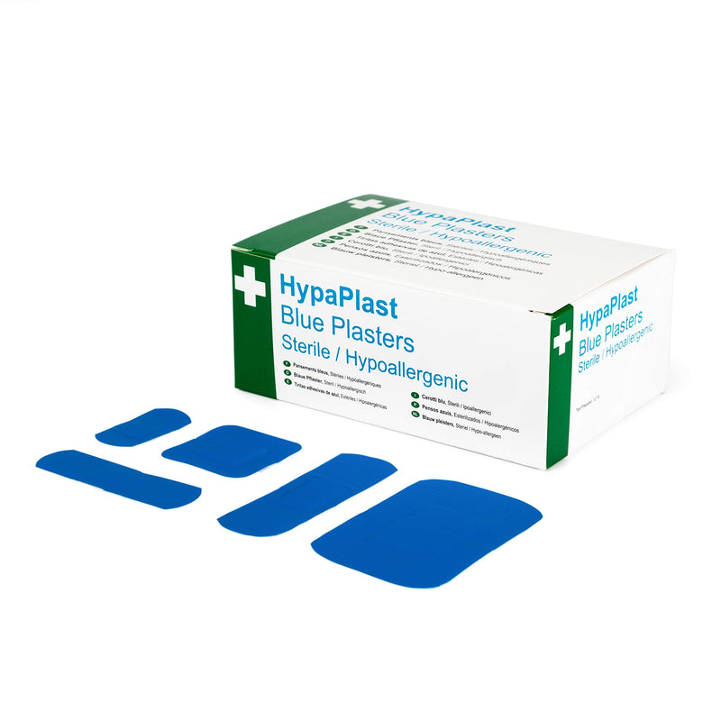 [Australia] - Safety First Aid Group HypaPlast Blue Catering Plasters, Assorted (Pack of 100) Sterile Hypoallergenic Assorted (Pack of 100) Blue Visually Detectable 